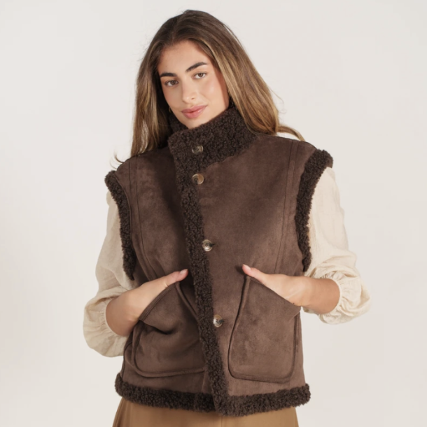 Vendbar vest teddy brun str S-L